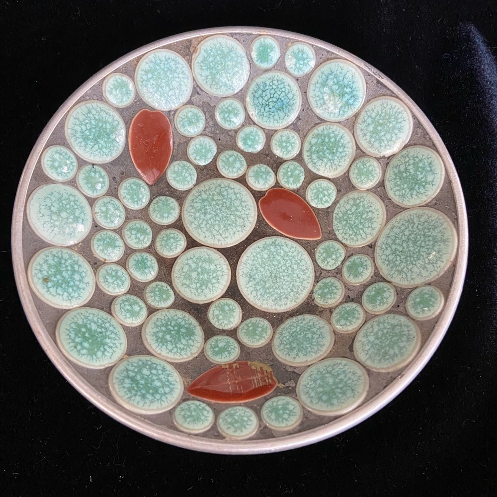 🩵 Vintage Pebble Mosaic Turquoise Pebble Trinket Plate with Silver Finish Bottom